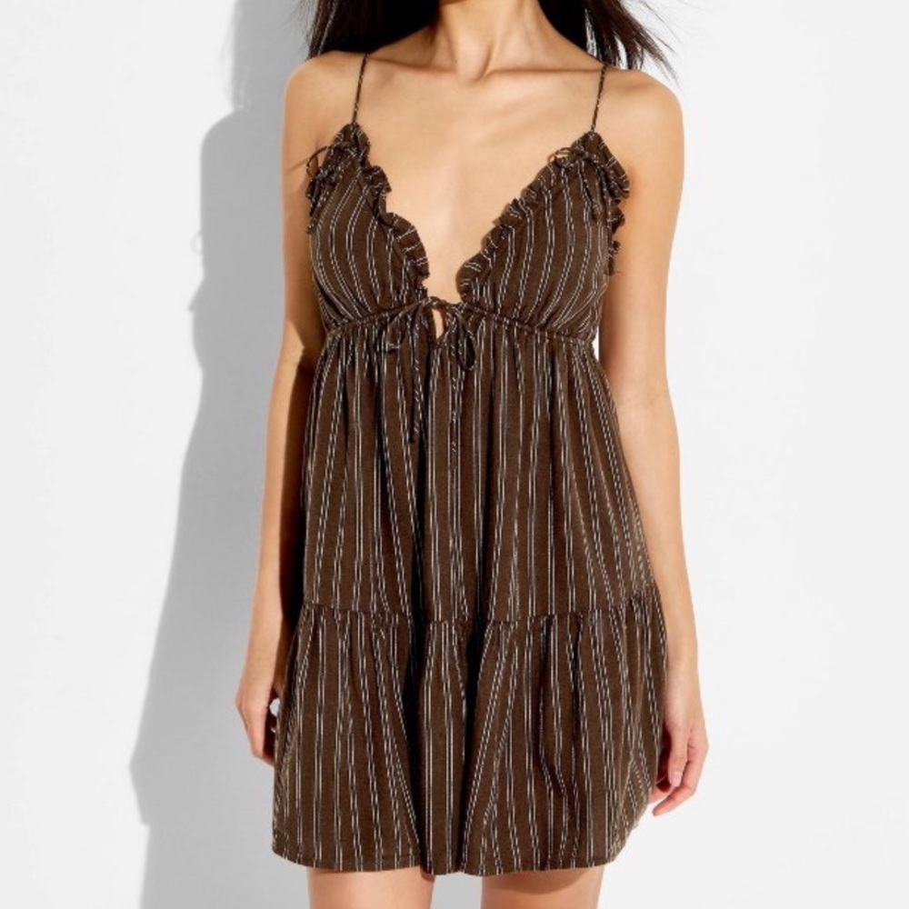 Wild Fable Ruffle Babydoll Dress in Brown and White